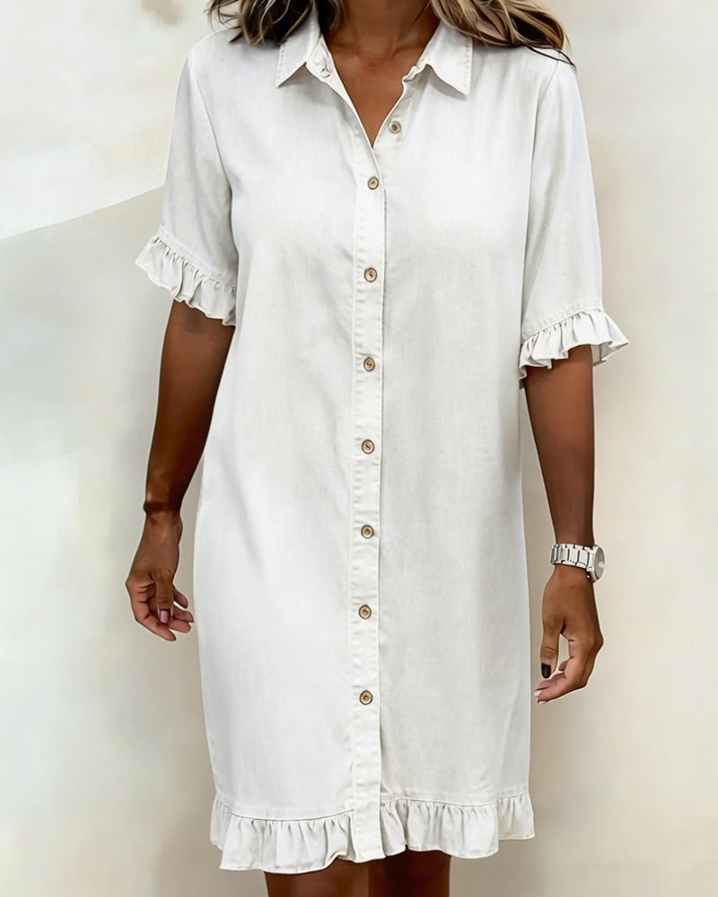 Relaxed Fit Denim Dress Knee Length Ruffled Sleeves