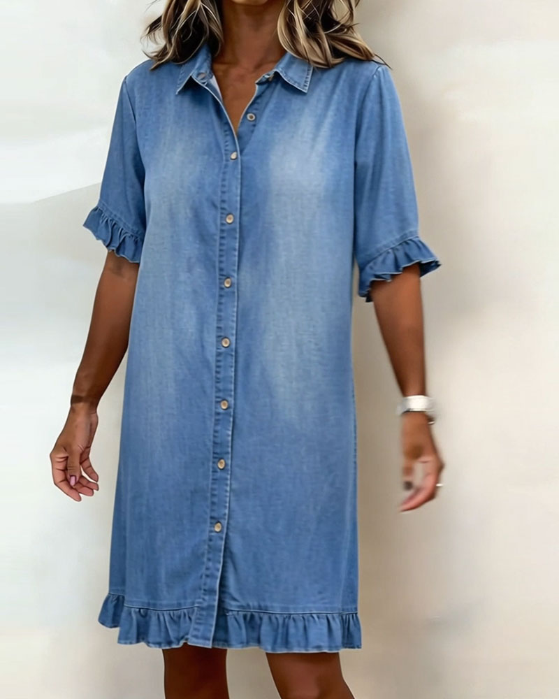 Relaxed Fit Denim Dress Knee Length Ruffled Sleeves