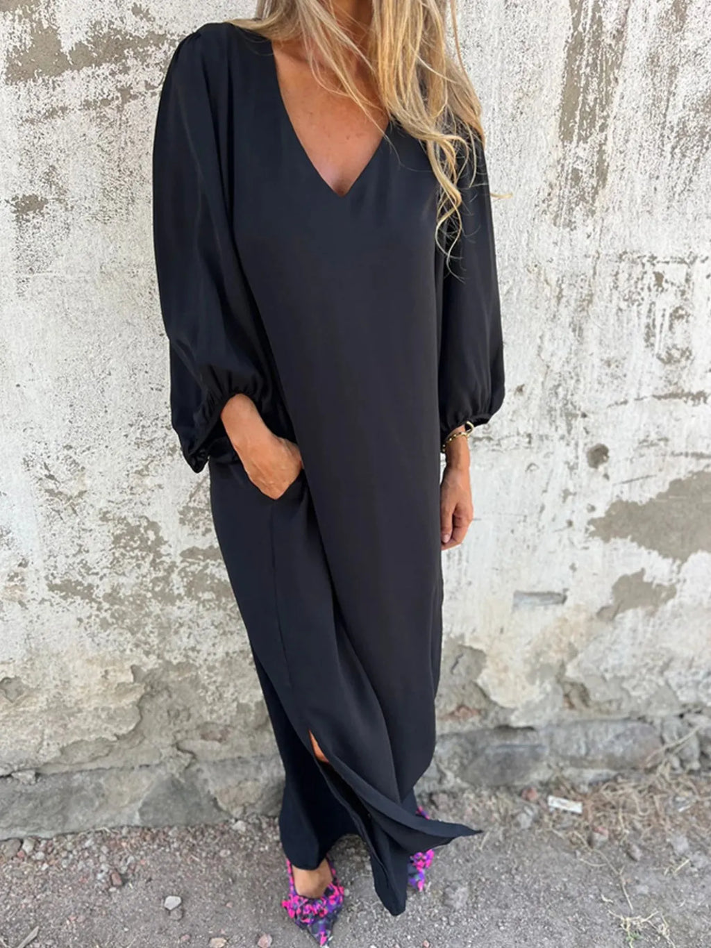 Loose Fit V Neck Balloon Sleeve Ankle Dress