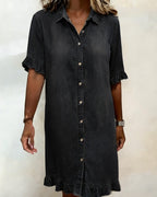 Relaxed Fit Denim Dress Knee Length Ruffled Sleeves