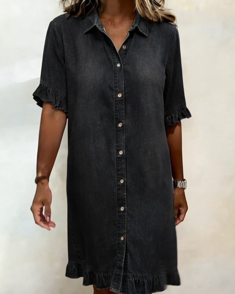 Relaxed Fit Denim Dress Knee Length Ruffled Sleeves