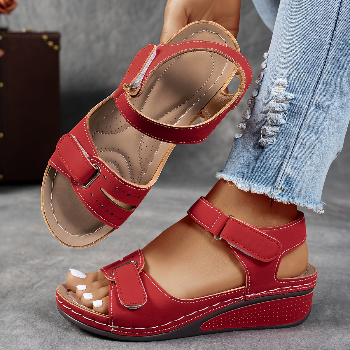 Red Wedge Sandals Comfortable Adjustable Straps