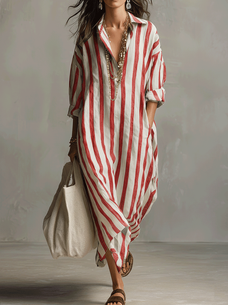 Lightweight Striped Shirt Dress Breathable Loose Fit