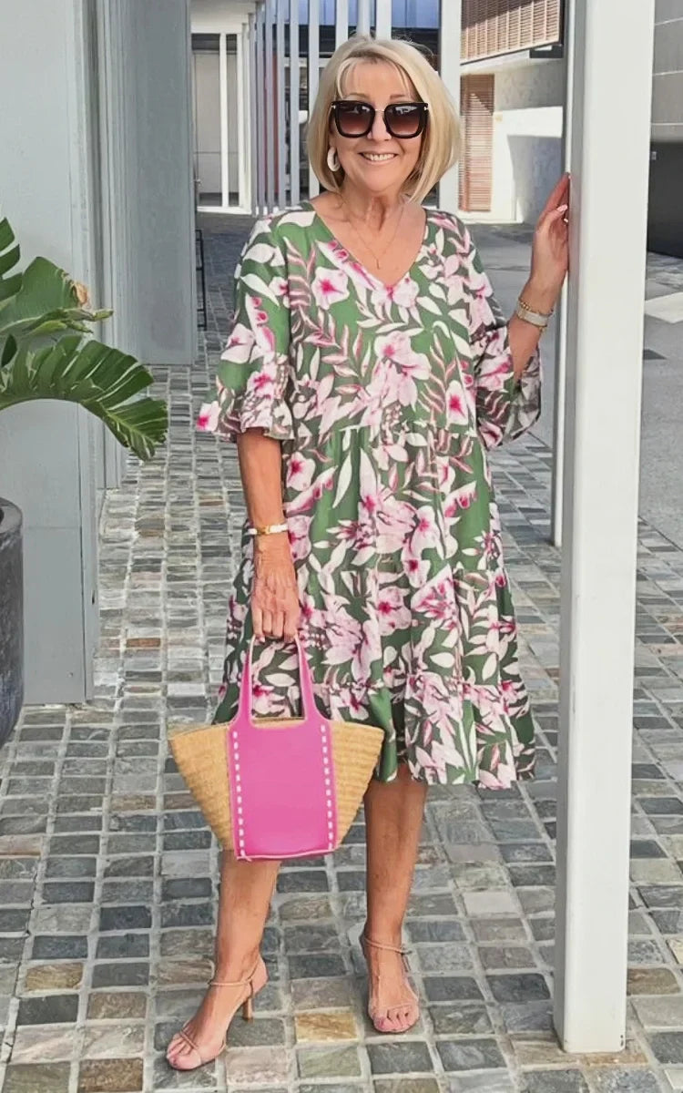 Floral V Neck Dress Relaxed Fit Knee Length