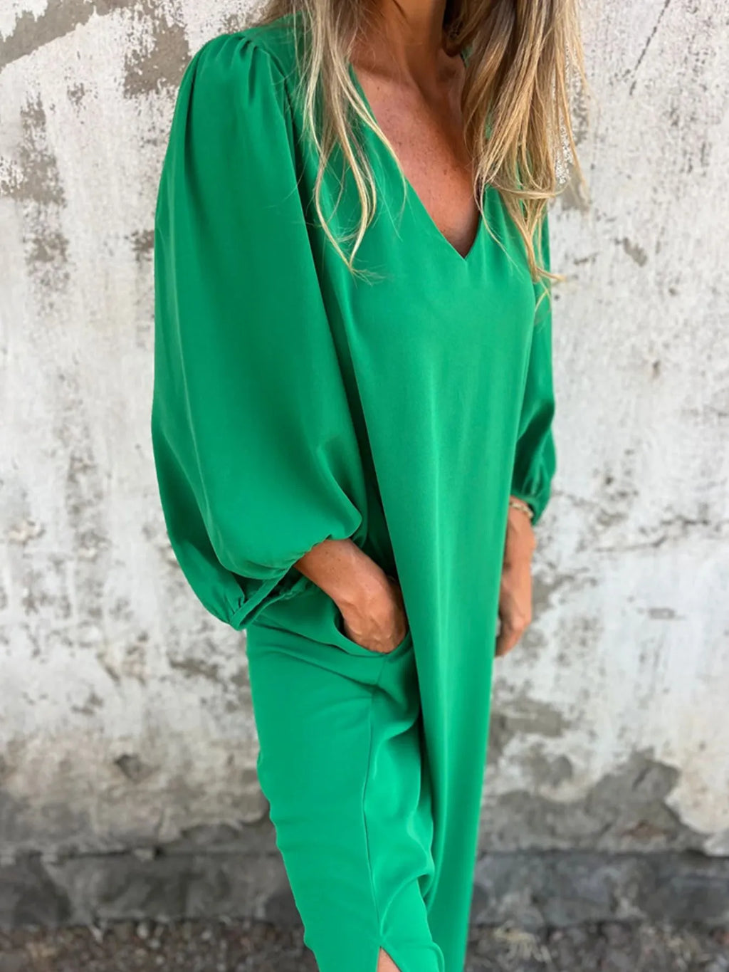 Loose Fit V Neck Balloon Sleeve Ankle Dress
