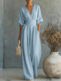 Slimelle | V Neck Wide Leg Jumpsuit