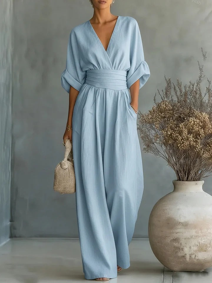 Slimelle | V Neck Wide Leg Jumpsuit