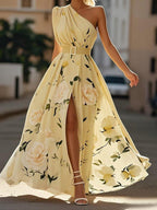 Julie | Light Green Floral Chiffon One-Shoulder Maxi Dress