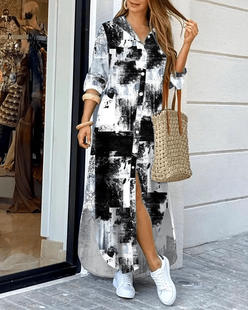 Printed Long Sleeve Dress Relaxed Fit Elegant Style