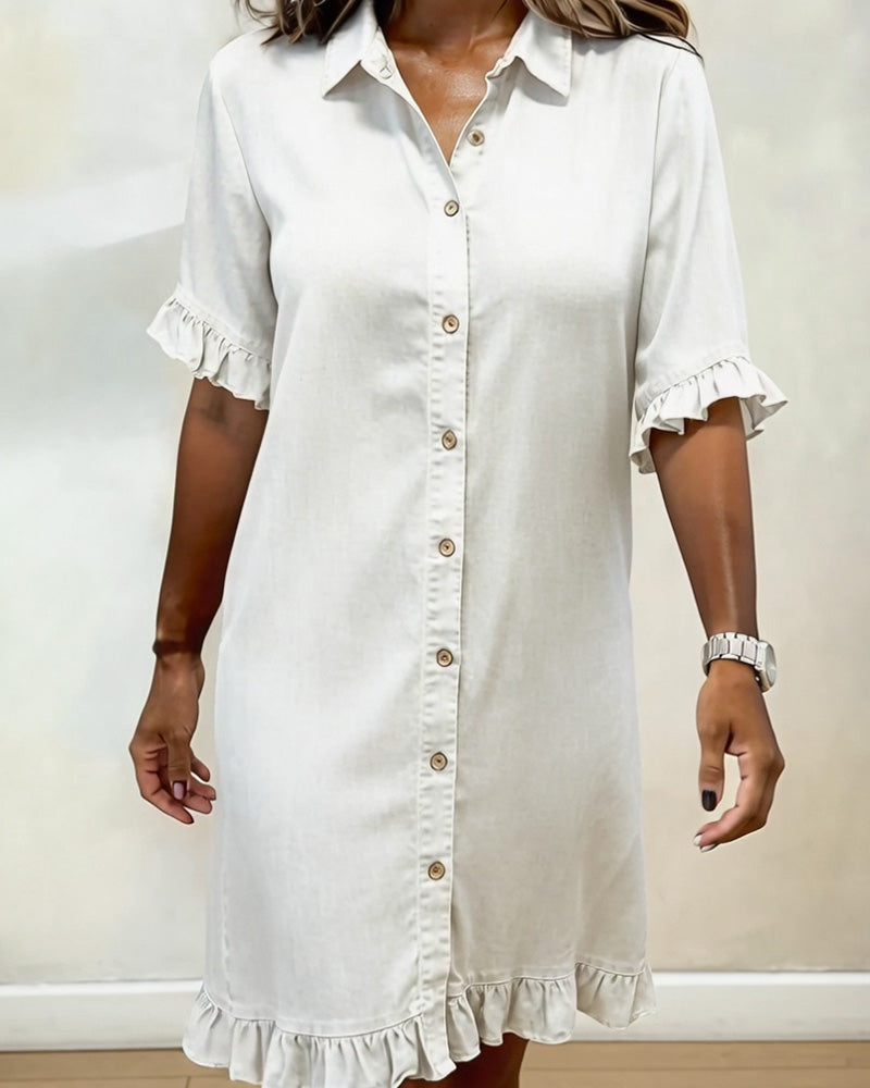 Relaxed Fit Denim Dress Knee Length Ruffled Sleeves
