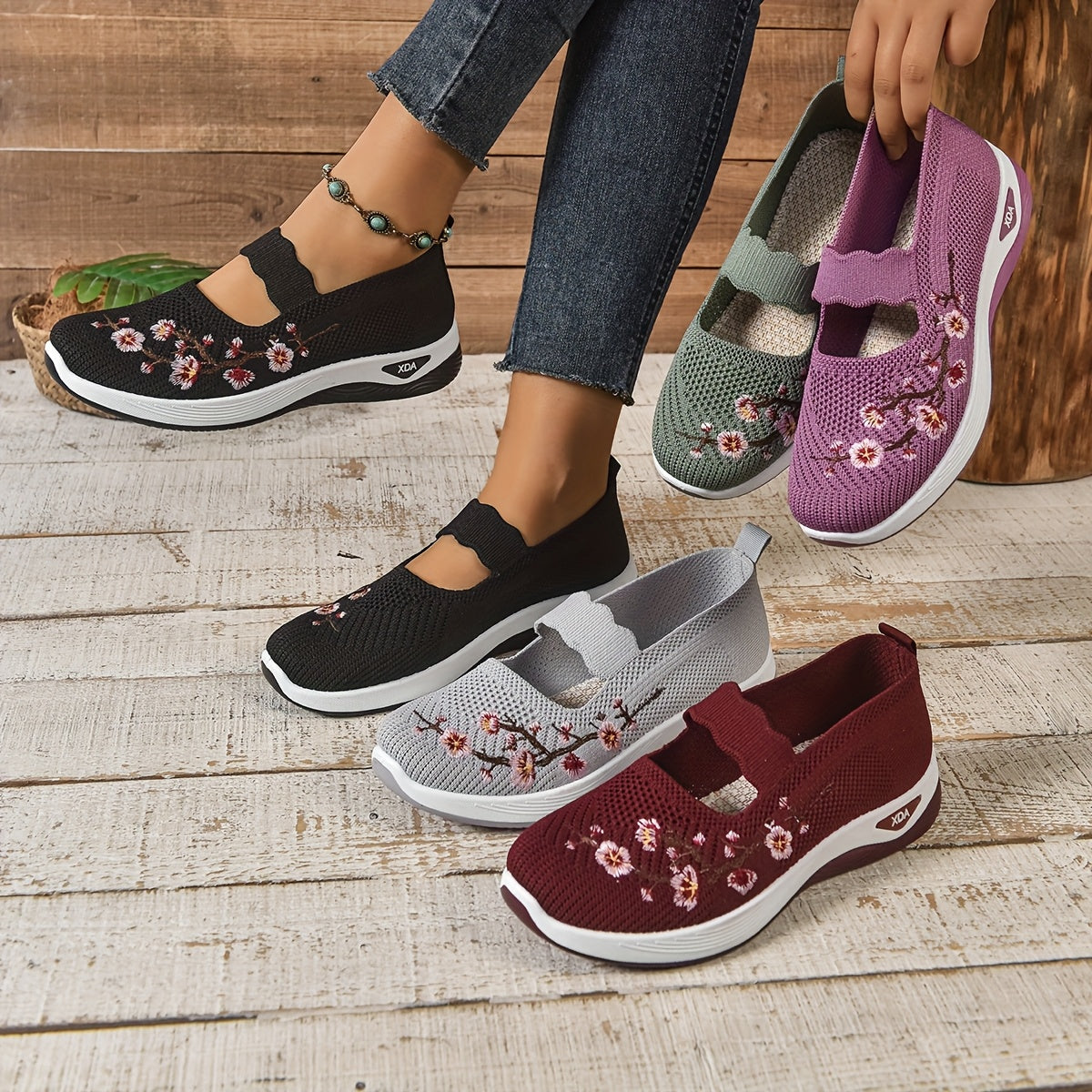 Breathable Slip On Shoes Lightweight Floral Mesh