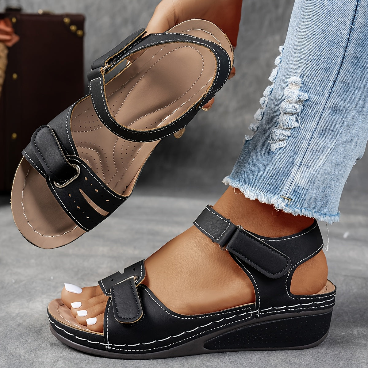 Red Wedge Sandals Comfortable Adjustable Straps