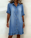 Relaxed Fit Denim Dress Knee Length Ruffled Sleeves