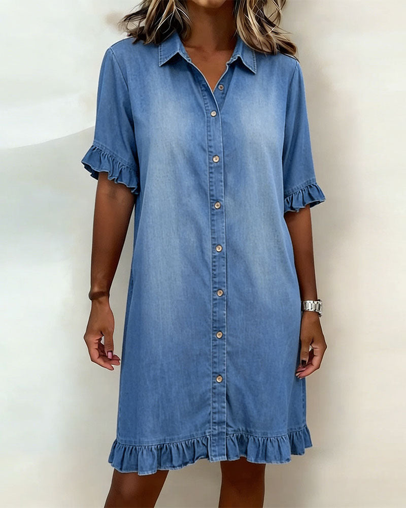 Relaxed Fit Denim Dress Knee Length Ruffled Sleeves