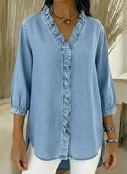 Relaxed Fit Denim Blouse Ruffle Trim V Neck