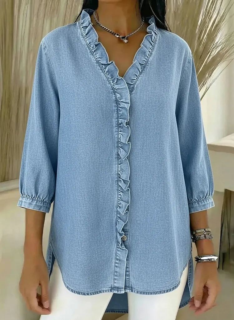 Relaxed Fit Denim Blouse Ruffle Trim V Neck