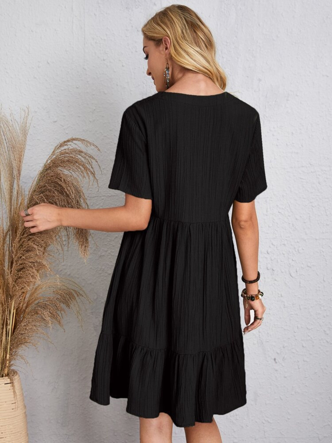 Lightweight V Neck Short Sleeve A Line Dress