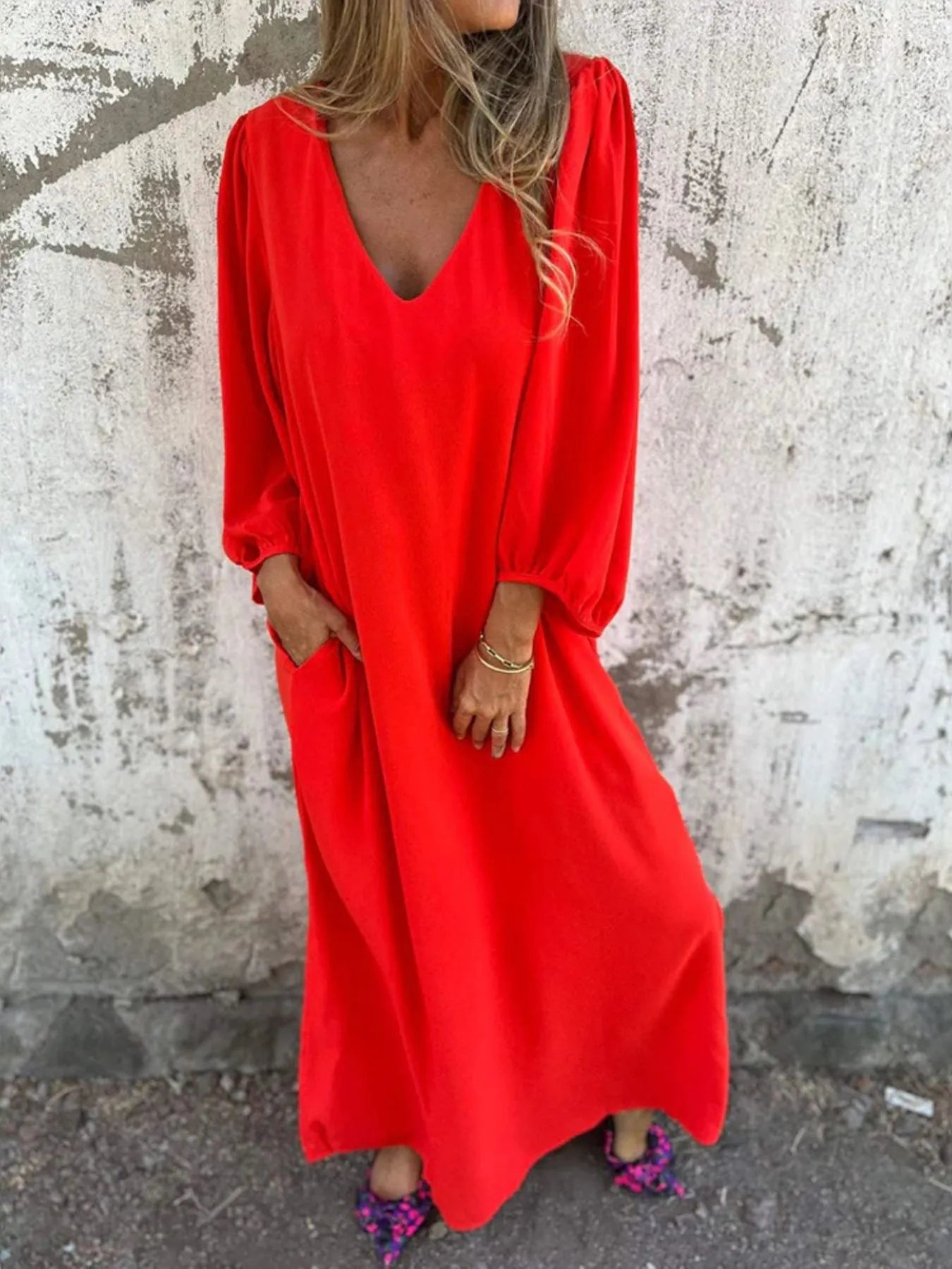 Loose Fit V Neck Balloon Sleeve Ankle Dress