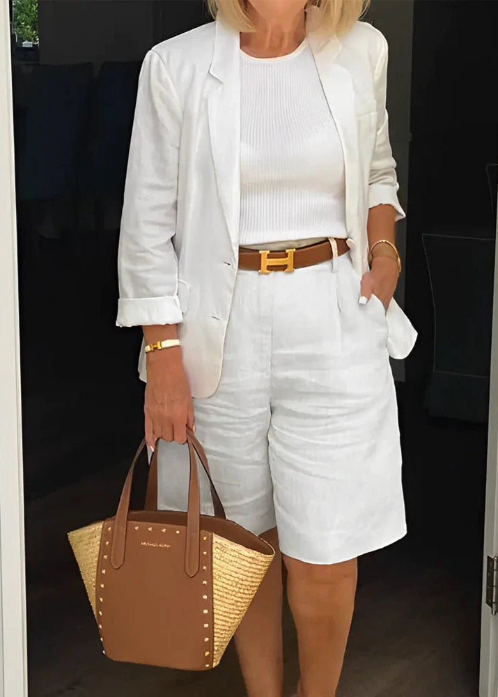 Tailored White Blazer Women Classic Lapel Cotton Blend