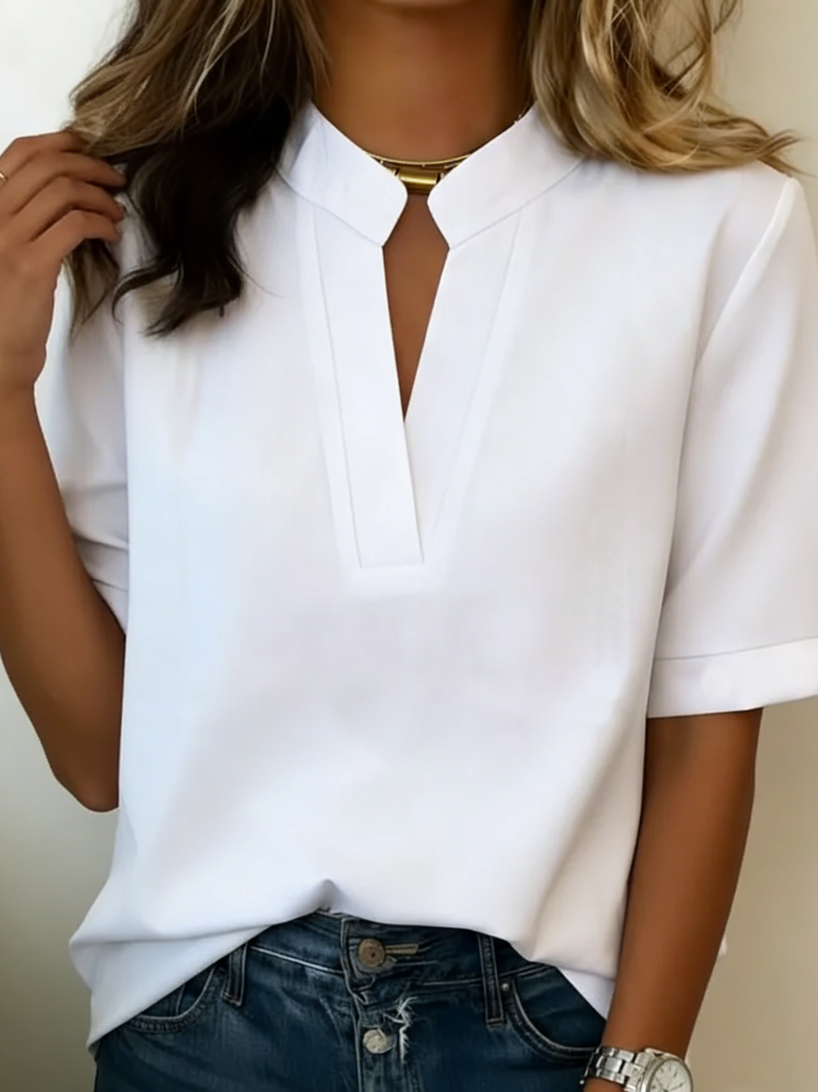 Elegant Womens Top Relaxed Fit V Neck Detail