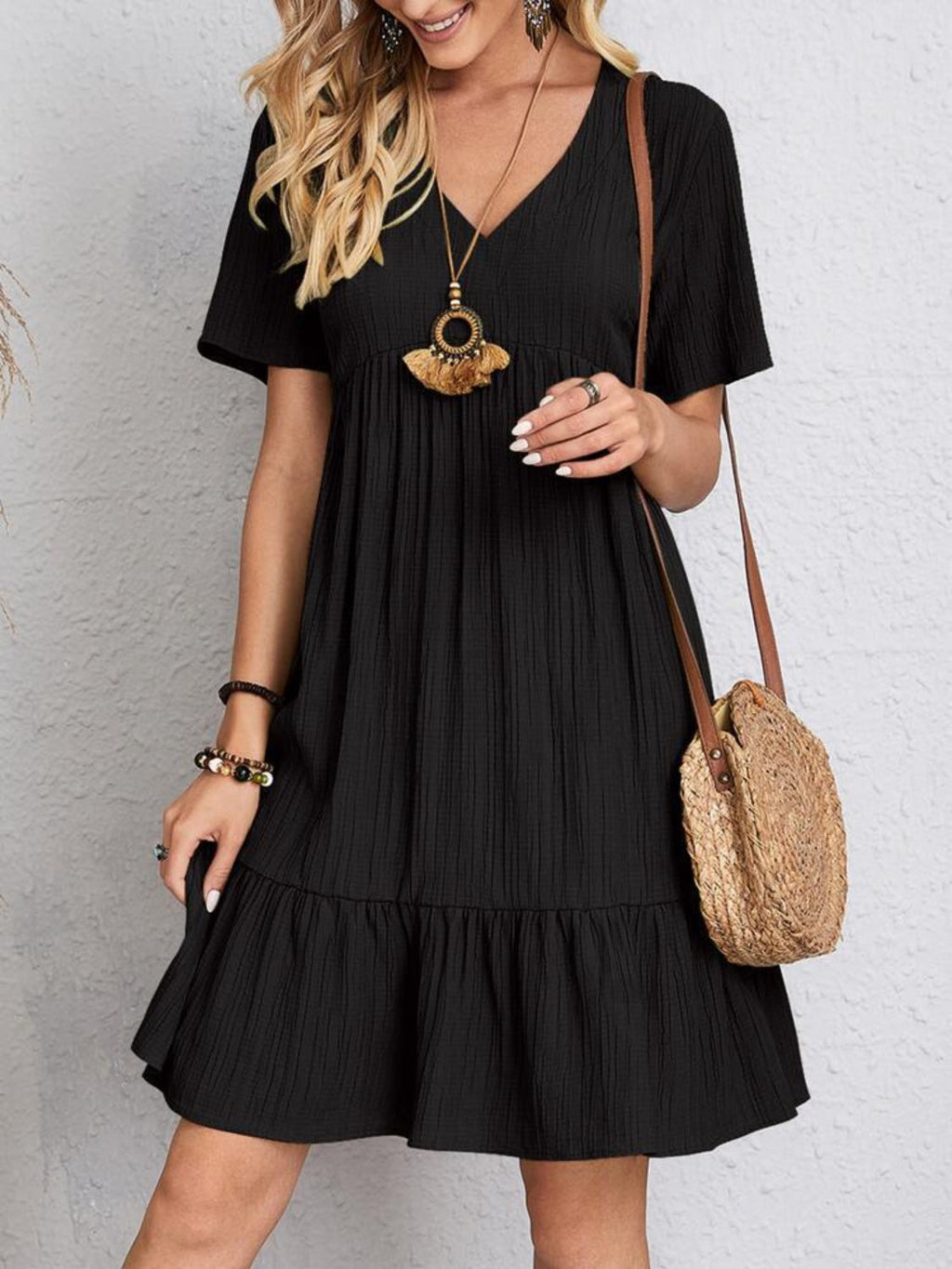 Lightweight V Neck Short Sleeve A Line Dress