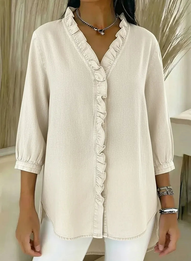 Relaxed Fit Denim Blouse Ruffle Trim V Neck