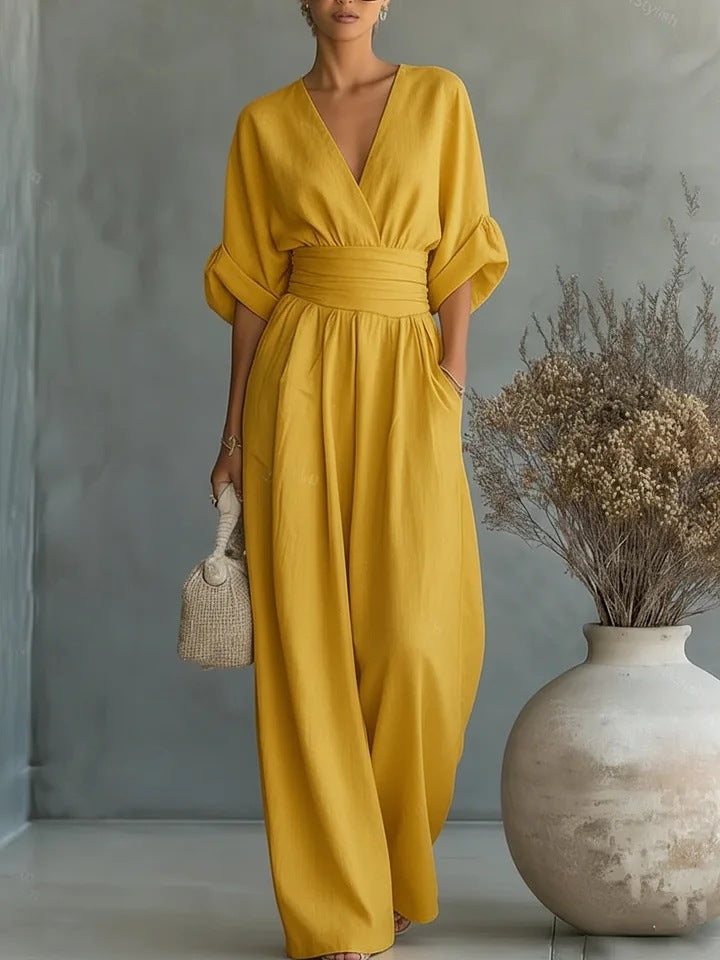 Slimelle | V Neck Wide Leg Jumpsuit