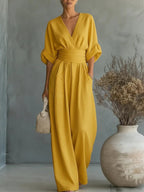Slimelle | V Neck Wide Leg Jumpsuit