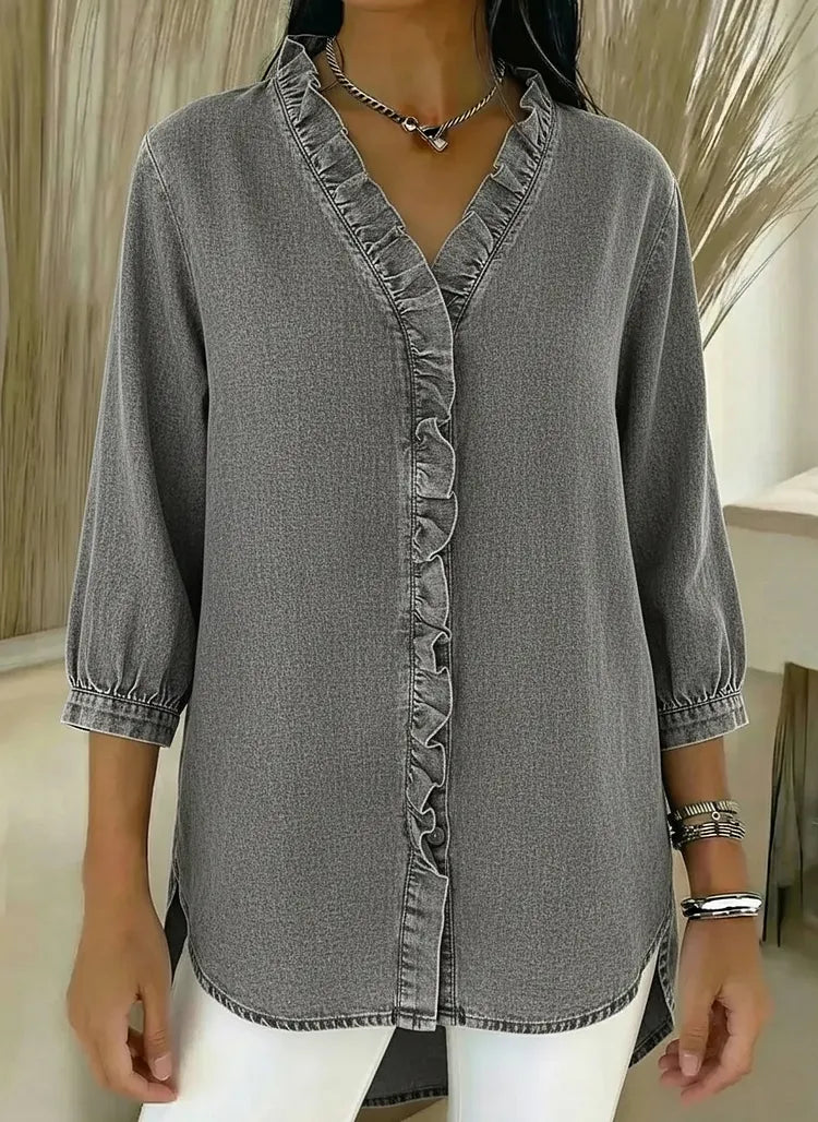 Relaxed Fit Denim Blouse Ruffle Trim V Neck