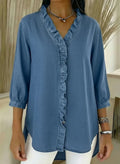 Relaxed Fit Denim Blouse Ruffle Trim V Neck