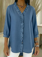 Relaxed Fit Denim Blouse Ruffle Trim V Neck