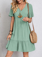Lightweight V Neck Short Sleeve A Line Dress