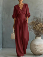 Slimelle | V Neck Wide Leg Jumpsuit