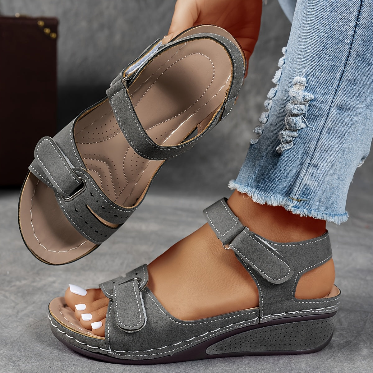 Red Wedge Sandals Comfortable Adjustable Straps