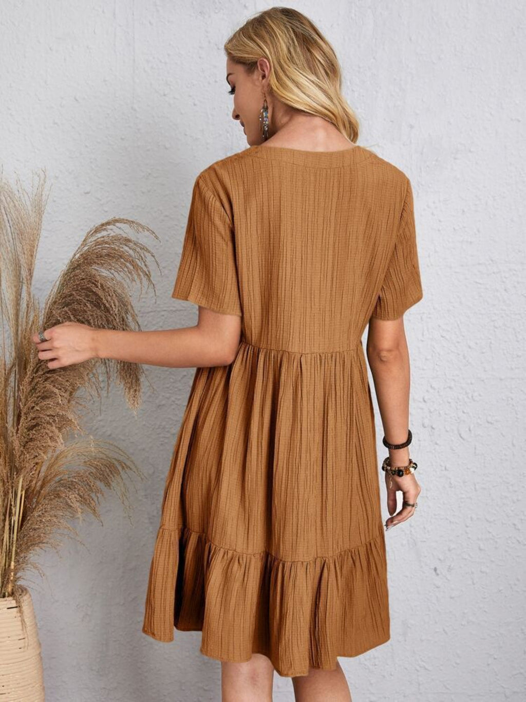 Lightweight V Neck Short Sleeve A Line Dress