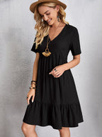 Lightweight V Neck Short Sleeve A Line Dress
