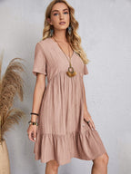 Lightweight V Neck Short Sleeve A Line Dress