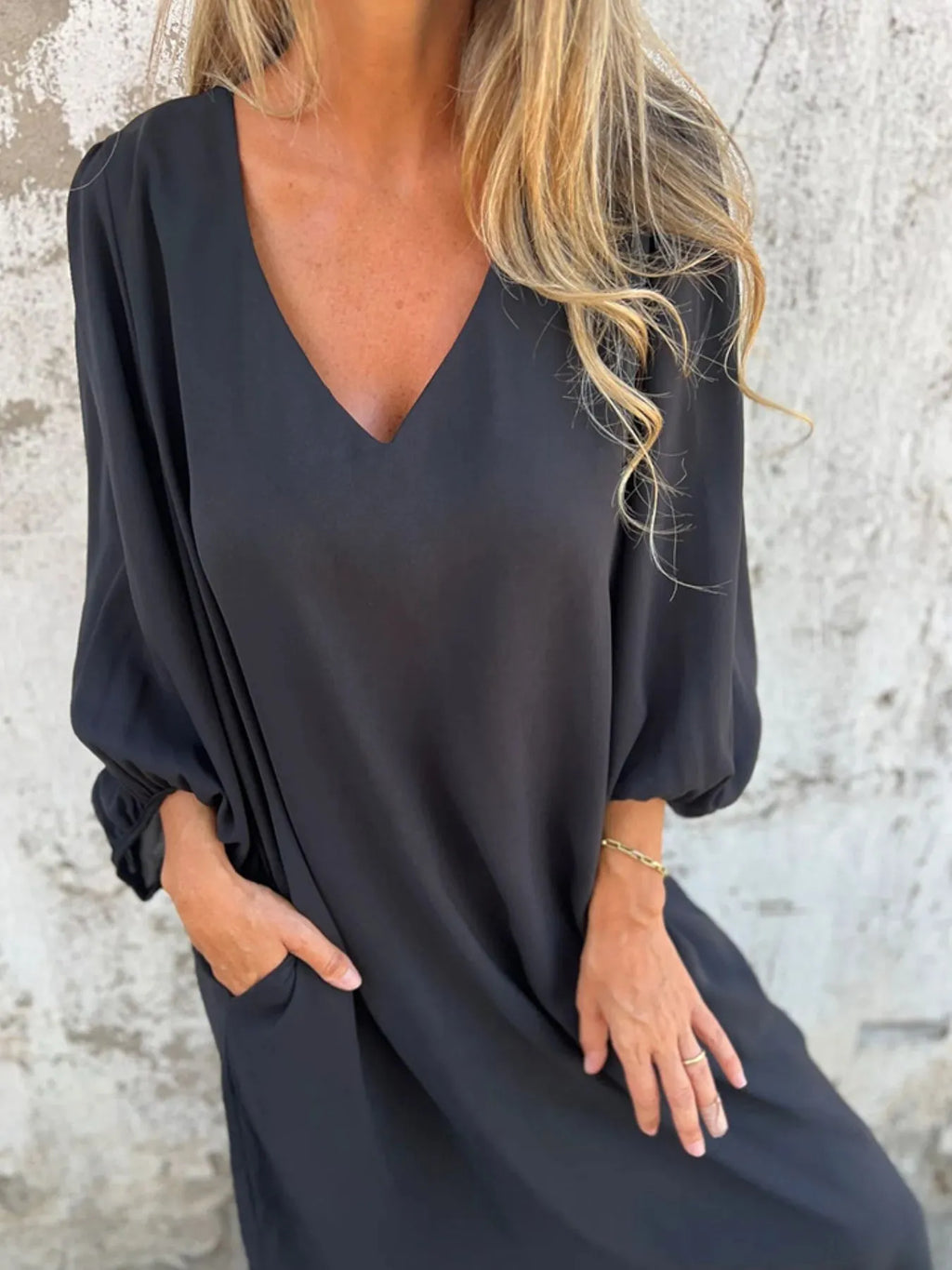 Loose Fit V Neck Balloon Sleeve Ankle Dress