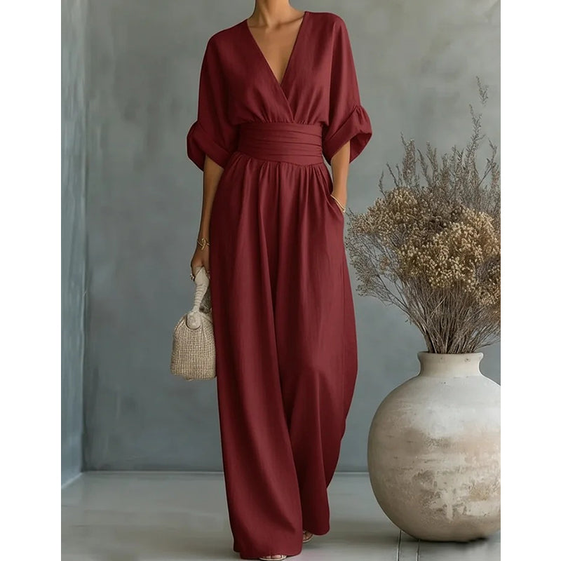 Slimelle | V Neck Wide Leg Jumpsuit