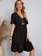 Lightweight V Neck Short Sleeve A Line Dress