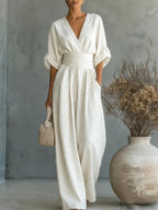 Slimelle | V Neck Wide Leg Jumpsuit
