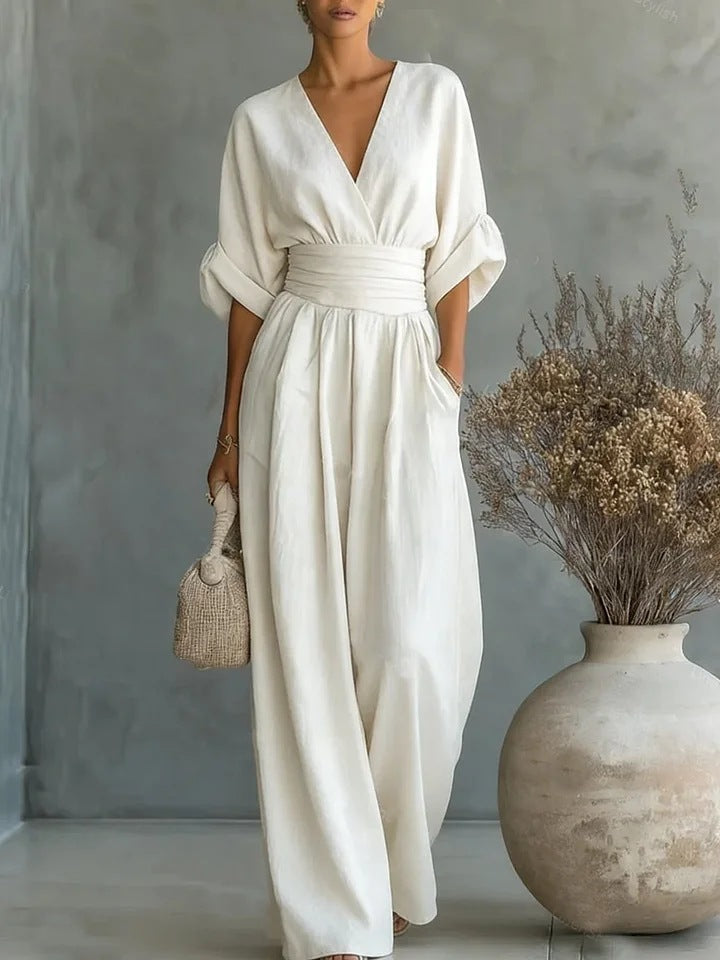 Slimelle | V Neck Wide Leg Jumpsuit