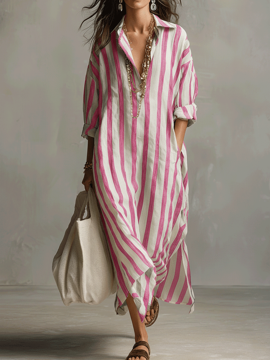 Lightweight Striped Shirt Dress Breathable Loose Fit