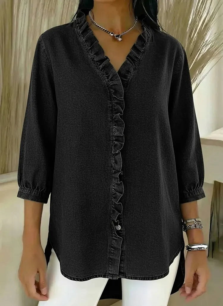 Relaxed Fit Denim Blouse Ruffle Trim V Neck