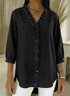 Relaxed Fit Denim Blouse Ruffle Trim V Neck