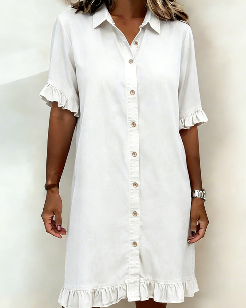 Relaxed Fit Denim Dress Knee Length Ruffled Sleeves