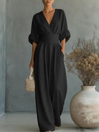 Slimelle | V Neck Wide Leg Jumpsuit