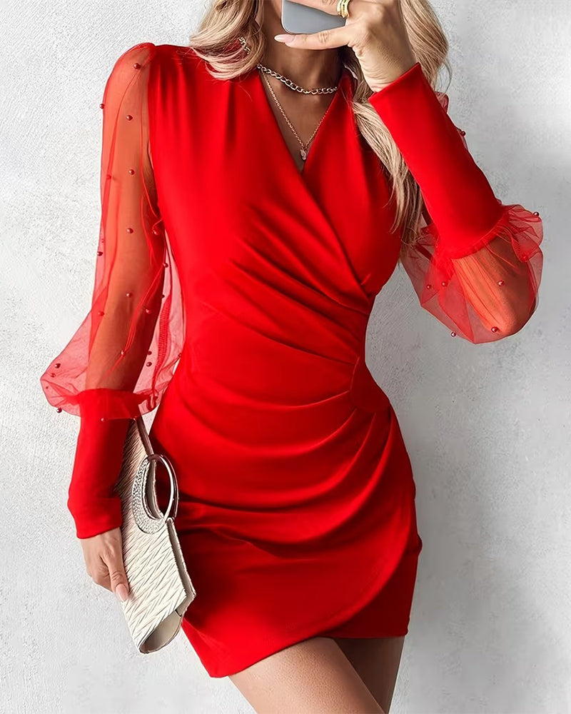 Veselique | V Neck Patchwork Dress