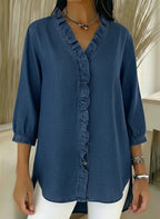 Relaxed Fit Denim Blouse Ruffle Trim V Neck