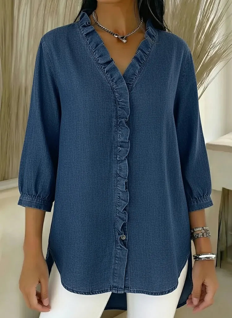 Relaxed Fit Denim Blouse Ruffle Trim V Neck